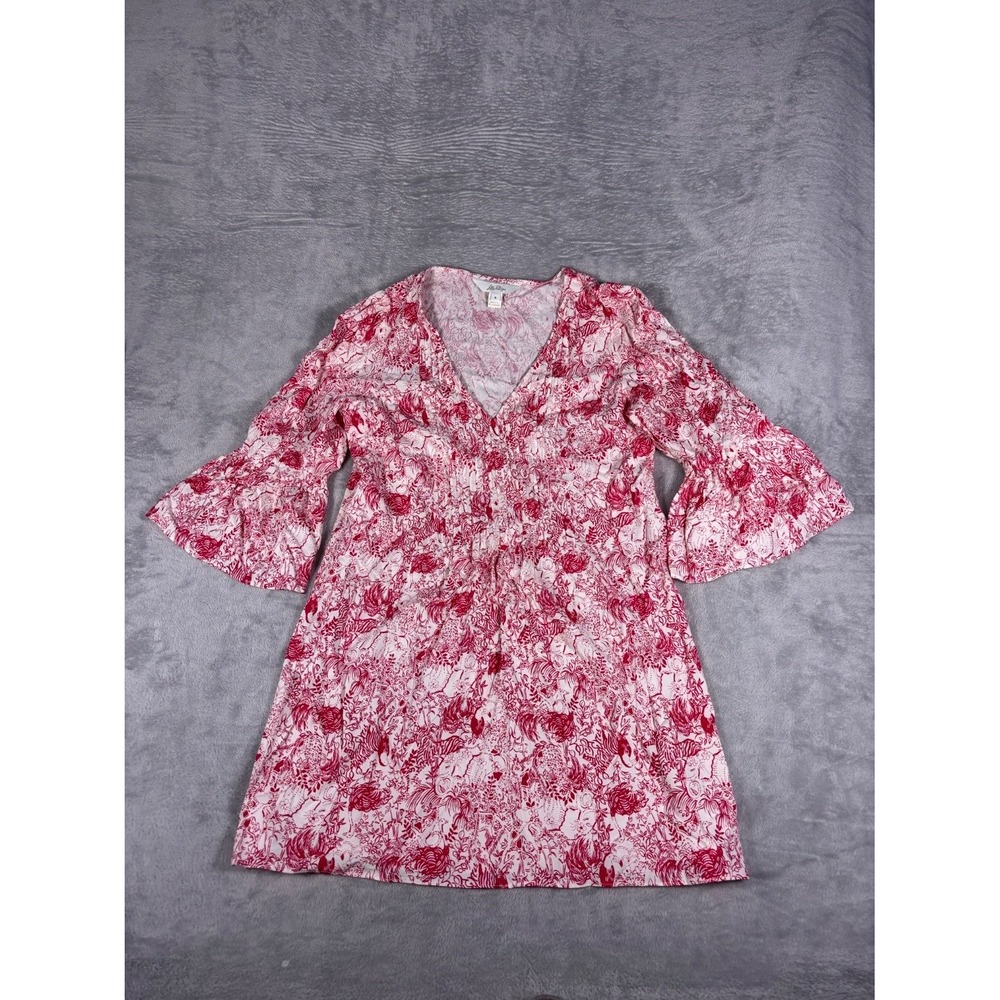 Lilly Pulitzer Womens Size 6 Dress 6 Pink White Toile Bell Sleeve Pintuck V-Neck